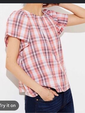 Loft Orange Plaid Cotton Blouse Flutter Sleeve Size Small